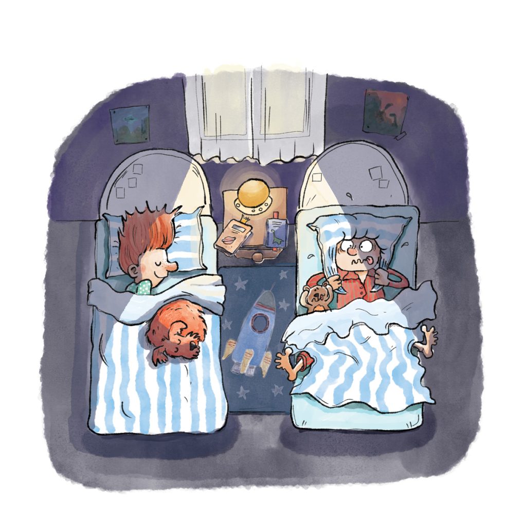 A watercolour illustration of a boys bedroom with two beds, shot from above. The scene is dark and lit with the light from he moon from the window. One of the boys is peacefully asleep while the other one is clearly disturbed by a loud noise and has a pillow on his head.