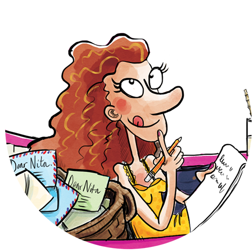 An illustration of Nita from Nita's Adventure series illustrated by Dotti Colvin. Nita has lots of red hair and is sitting in a boat writing replies to her advice column. She is wearing a yellow spotted dress and the boat is pink.