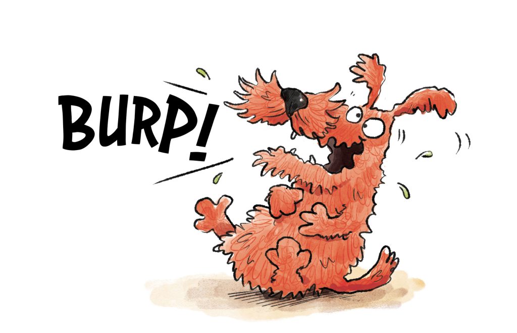 a watercolour cartoon illustration by Dotti Colvin of a funny red terrier dog burping loudly
