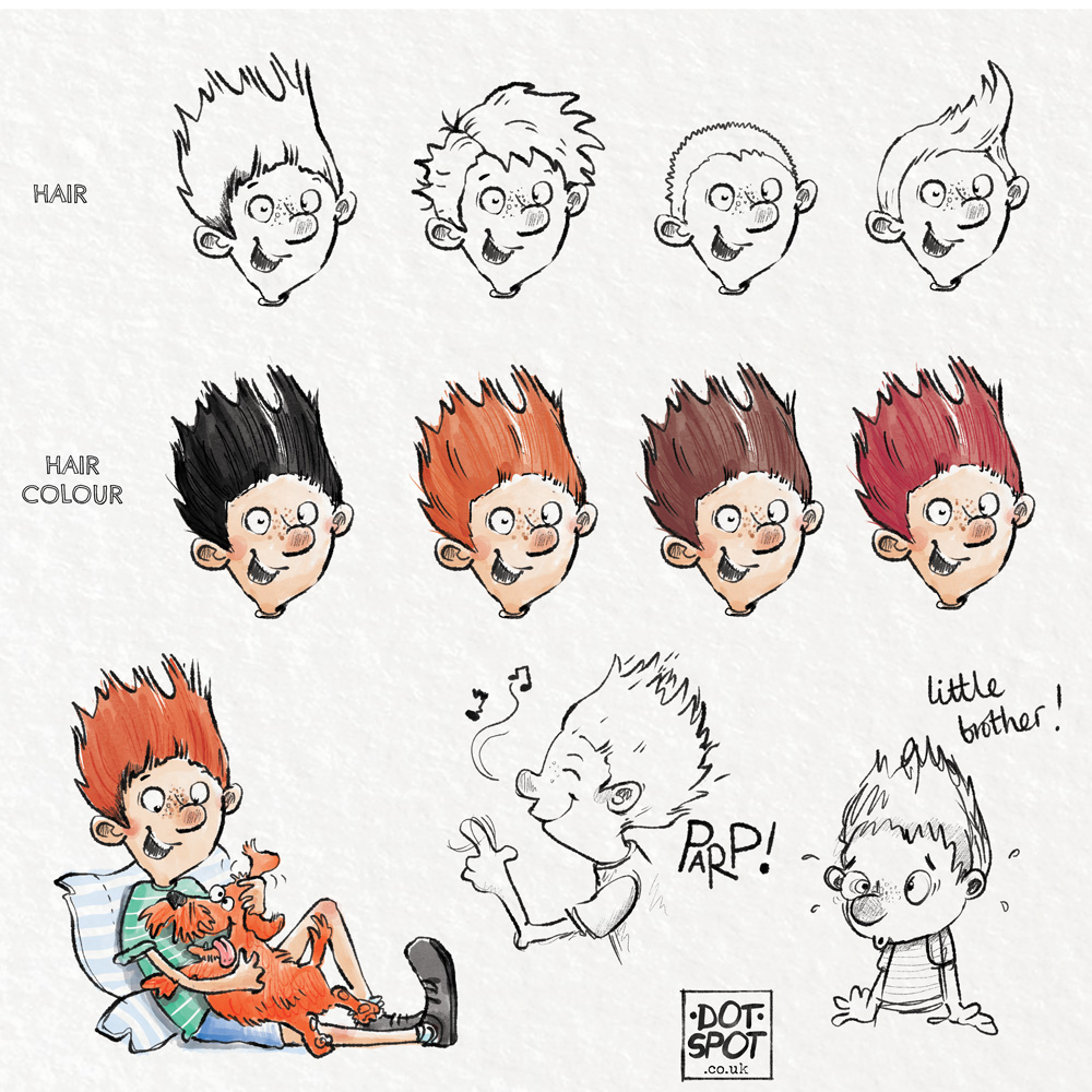 A character page by illustrator Dotti Colvin showing different ink drawings of a small boy with different hair styles and hair colours. In the corner the boy is sitting with a red small dog on his knee.