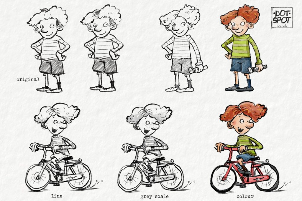 Character sketches for the protagonist Lance, by Dotti Colvin. there are 7 drawings in black and white and watercolour, or a little red headed boy standing with a torch, and riding a bike.