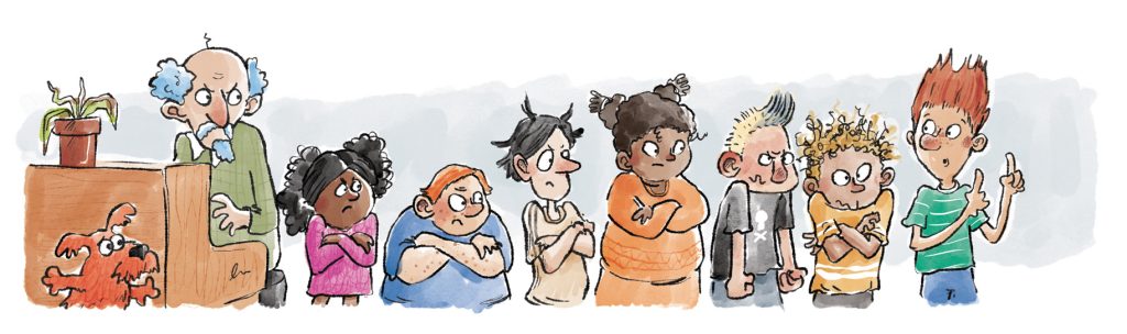 A children's book illustration by Dotti Colvin from Nate's Noisy Nose, of a line of children characters, standing next to a piano, looking cross, as they wait for the child at the end of the line to pay attention. There is a small dog hiding behind the piano looking concerned.