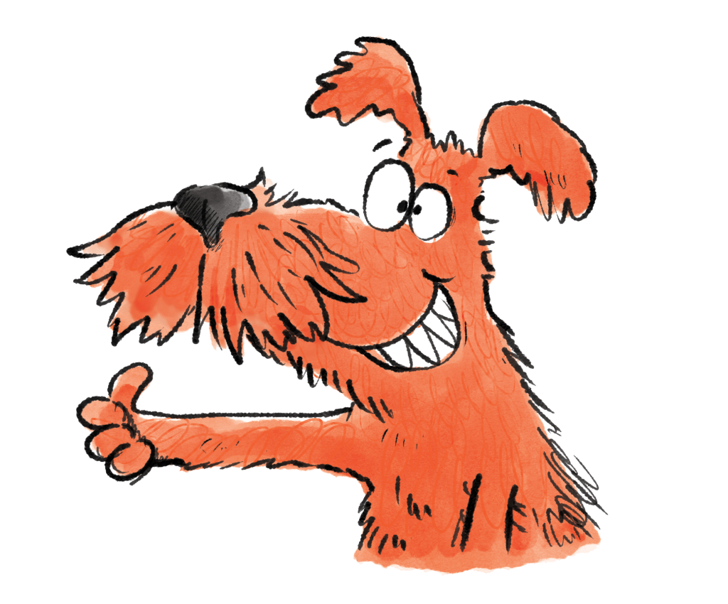 An children's book illustration by Dotti Colvin of a cute scruffy cartoon dog called Rascal giving us a thumbs up, and grinning happily.