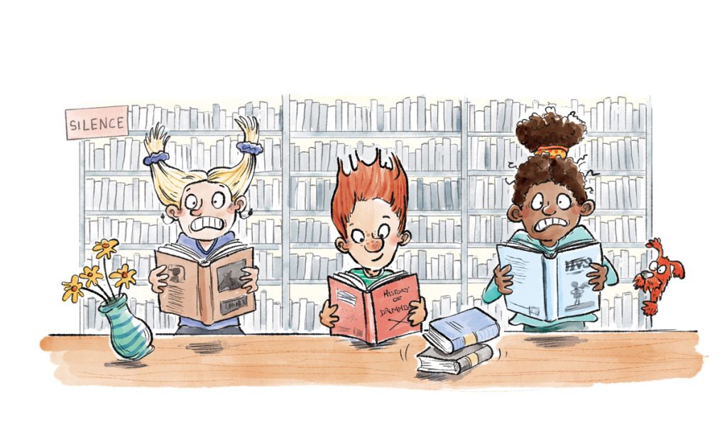 A children's book illustration in ink and watercolour by Dotti Colvin from Nate's Noisy Nose, of three children in a library. Two of the children are startled by a loud noise that is coming from the child in the middle, who is reading quietly.