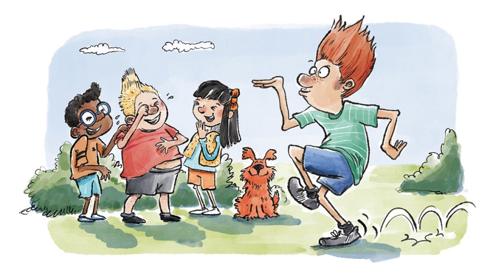 A children's book illustration by Dotti Colvin of small boy doing a funny dance and making his friends laugh. The children are outside standing on the grass and the sky is blue. The illustration is from the children's book Nate's Noisy Nose.