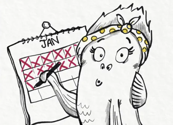 A cartoon drawing of Moomafish, Dotti Colvin's alter ego, crossing off the days of January on a wall calendar. She looks surprised to see us.