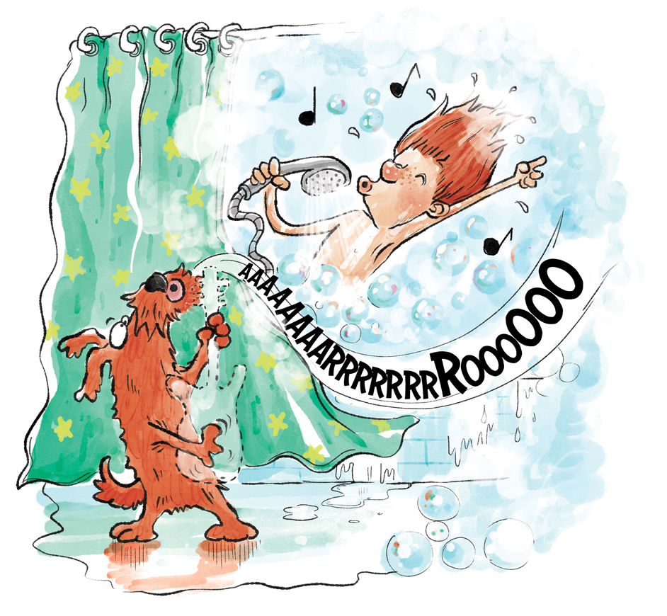 Children's book illustration by Dotti Colvin of a young boy and his dog singing in the shower. The boy is using the showerhead like a microphone and the dog is playing air guitar and howling. There are of bubbles and steam.