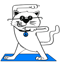 A graphic image of a white cat in a yoga pose drawn in black ink by illustrator Dotti Colvin. The cat is wearing a blue necklace with the peace sign on it and standing on a blue yoga mat.